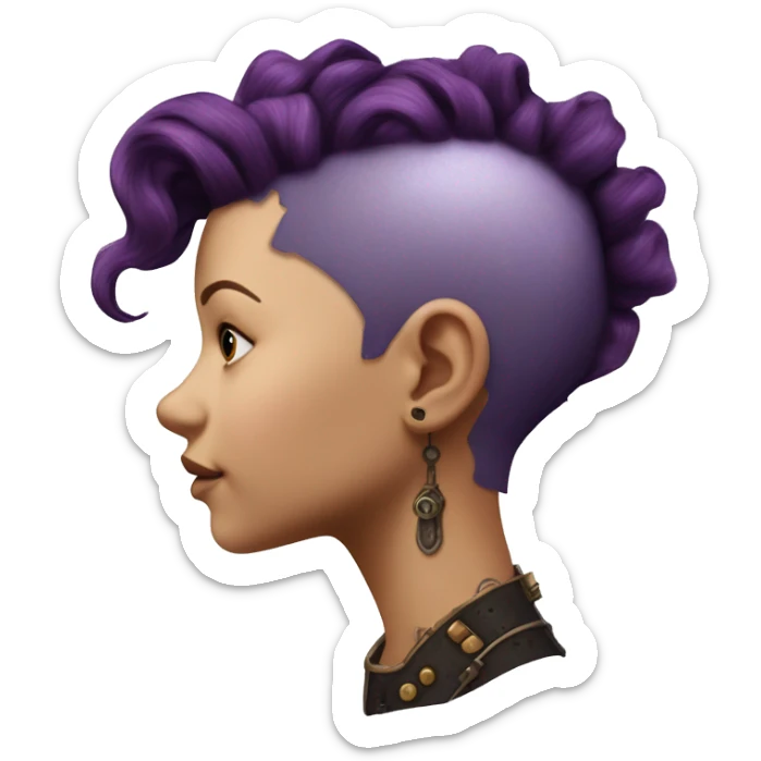 Photorealistic steampunk profile short mohawk purple wavy  on Caucasian girl with small nose round face sticker