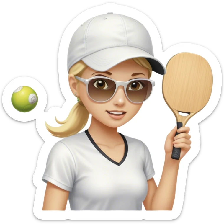 Girl with blond hair in a ponytail wearing a white baseball cap and sunglasses playing pickleball sticker