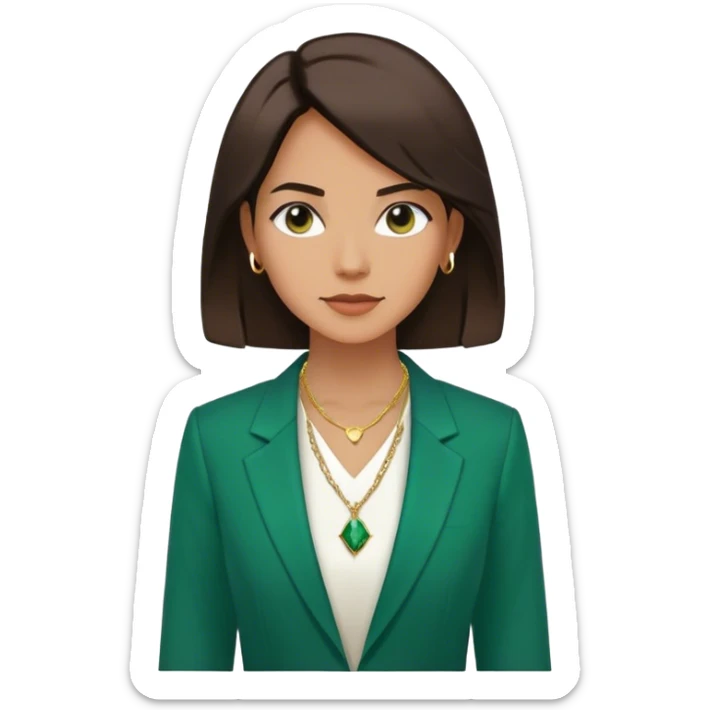 Emoji femenino con cabello suelto corto hasta los hombros castaño oscuro. Tono de piel bronceado. Viste blazer color verde esmeralda y blusa de vestir blanca. Lleva tres collares minimalistas color dorado sin piedra. Minimalista, clasico sticker