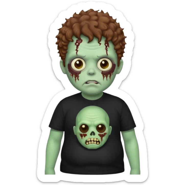 a zombie boy with brown curly hair and a fat double chin, with black t shirt sticker