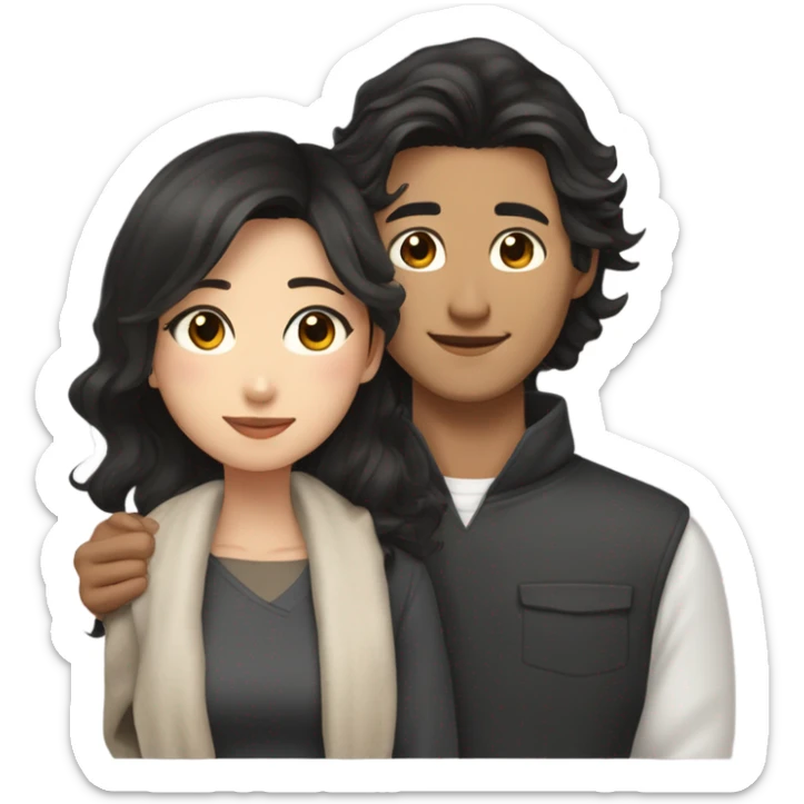 An Asian man with short dark hair and amber eyes embracing and loving a half Asian woman with long wavy dark hair and dark hazel eyes. They love each other a lot And have good fashion taste. sticker