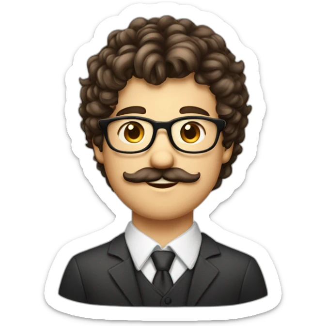 jeune homme cheveux long bouclé et brun, fine lunette et moustache sticker