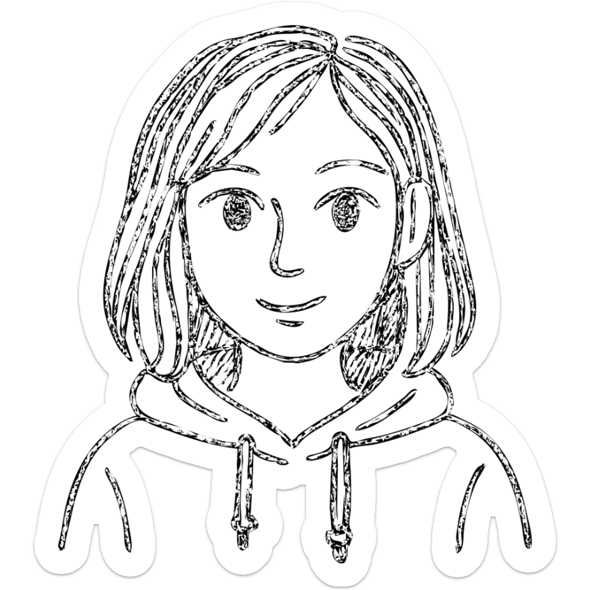 designer girl with blue eyes, shoulder-length brown hair with blonde streaks, black hoodie sticker