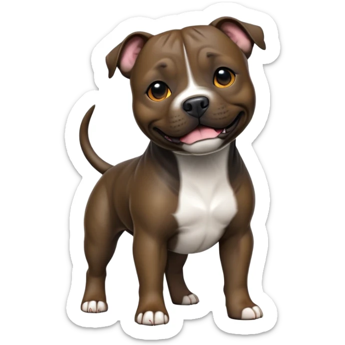 cinematic-[Staffordshire bull terrier]-realistic-full-body-standing-emoji,-tail-resting-loosely-beside-its-paws,-head-tilted-dramatically, -sleek-[dark solid brindle]-fur,-simplified-yet-realistic-focused-features,-highly-detailed,-glowing-with-an-almost-sarcastic-glow sticker