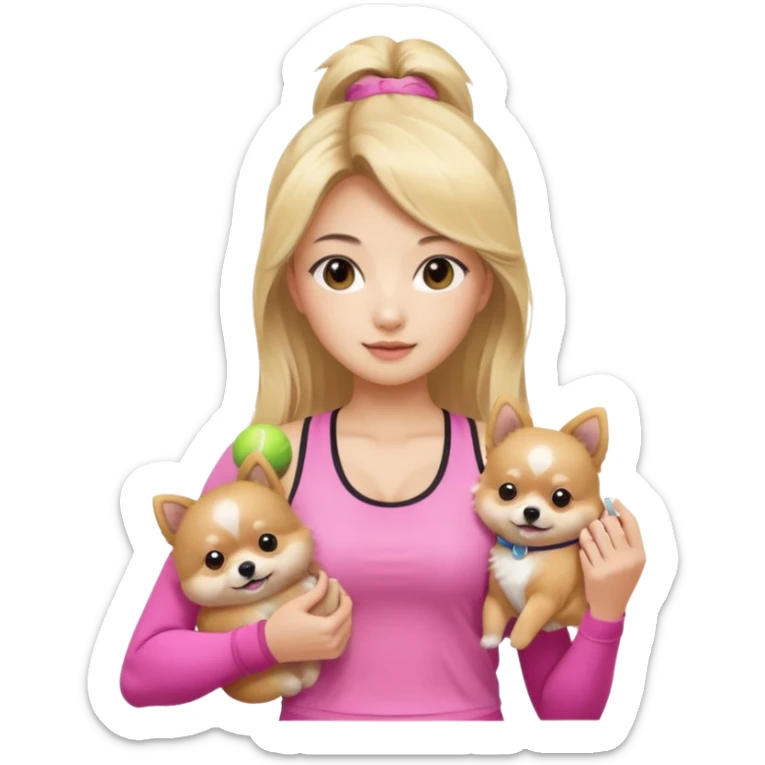 An Asian lady with long, blonde balayage hair, blonde highlights, wearing a pink gym outfit, holding a Pomeranian sticker