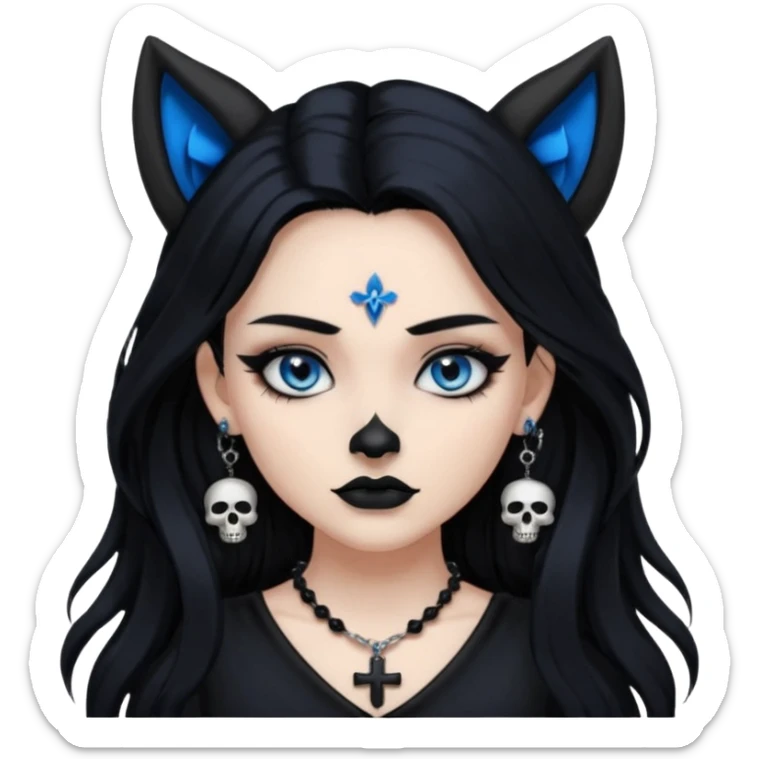 A girl with long black hair and blue eyes, black eyeshadow, black eye liner, mascara, and black lipstick, and black skull earrings. Also a black sexy dress and wolf ears  and a black pendent necklace and a black cross below her right eye sticker