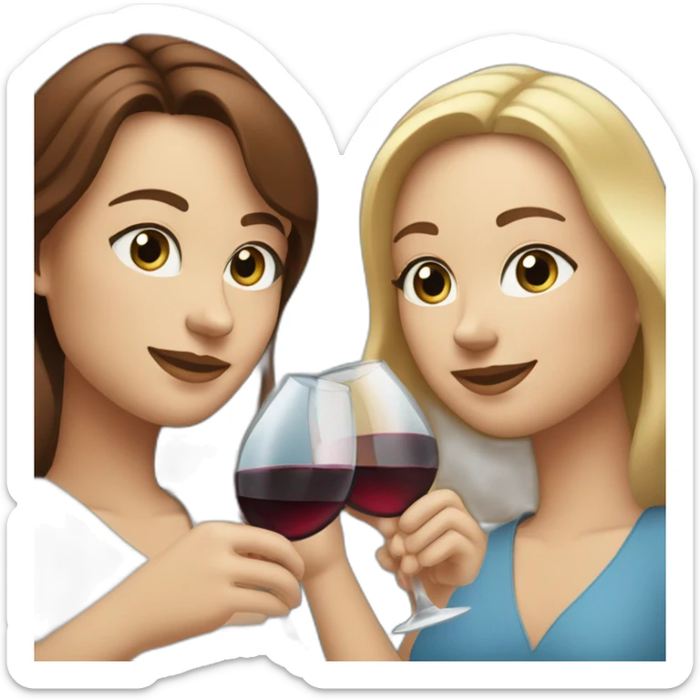 White woman with brown hair and brown eyes toasting with a red wine together with white woman with blond hair and blue eyes with red wine sticker