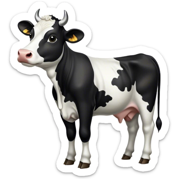 Cinematic Noble Black and White Cow Portrait Emoji, Poised and regal, with a large, sturdy build and a striking, well-groomed coat of pure black accented by crisp white patches, deep-set soulful brown eyes, Simplified yet sharp and sophisticated features, highly detailed, glowing with a soft, dignified glow, high shine, intelligent and calm, stylized with an air of modern elegance, focused and attentive, soft glowing outline, capturing the essence of a watchful and confident bovine guardian, so majestic it feels as though it could stride out of the screen with effortless authority! sticker