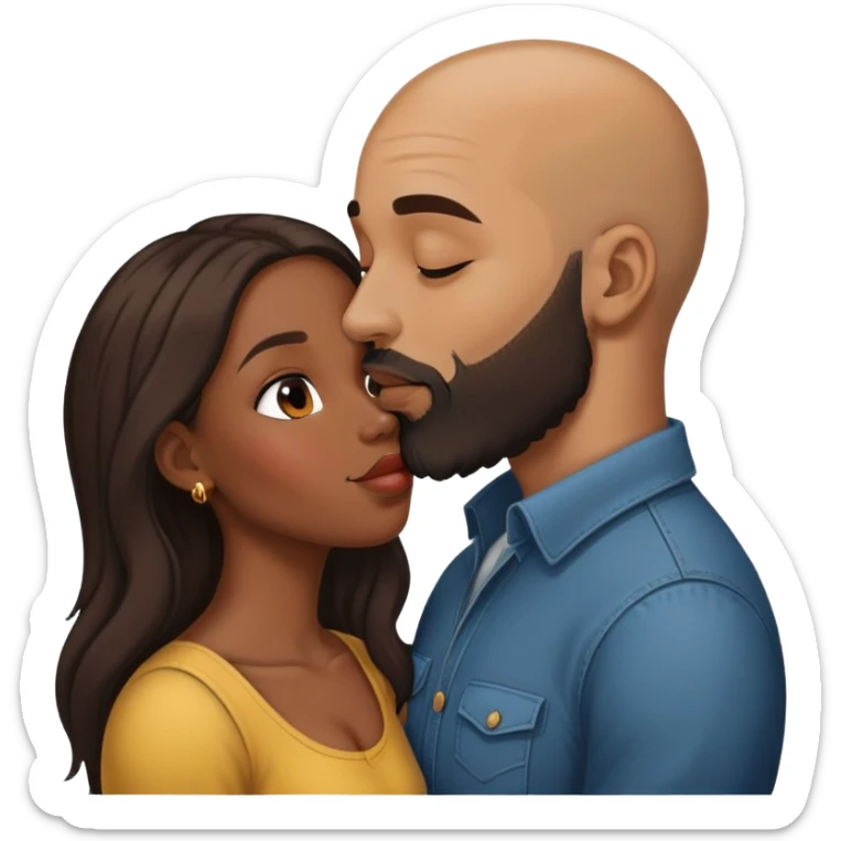 Brown bald man beard kissing black long hair woman with long hair sticker