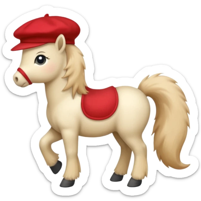 A cute pony (horse) emoji, full body, standing in side view, wearing a stylish red beret. sticker