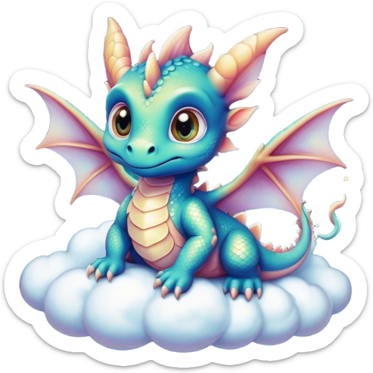 Airbrush painted image of an adorable little baby dragon with large glistening eyes sitting on a cloud under a deep galactic sky with pearlescent scales and wings spread against the stars sticker