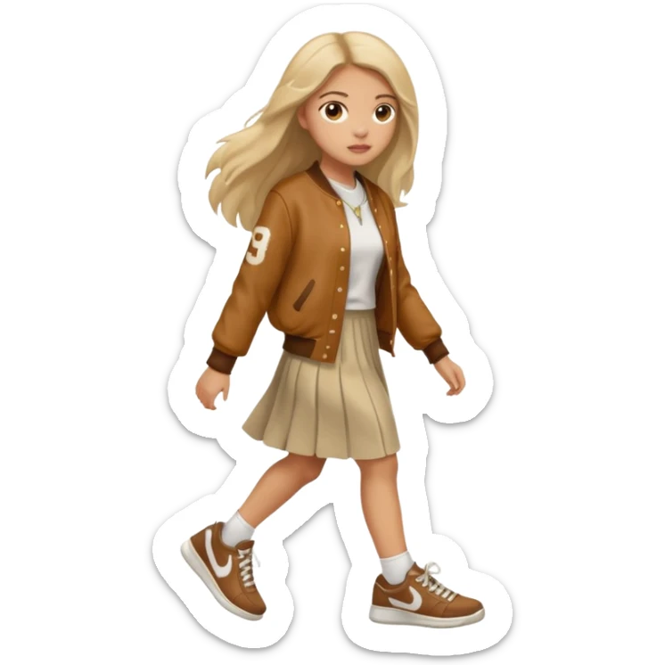 black color, light skin  long hair girl with brown varsity jacket and long skirt walking  sticker