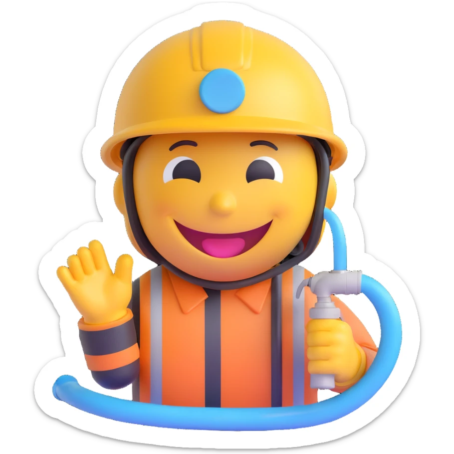 3D smiley emoji, round shape, firefighter: with water hose, wearing helmet, funny face sticker