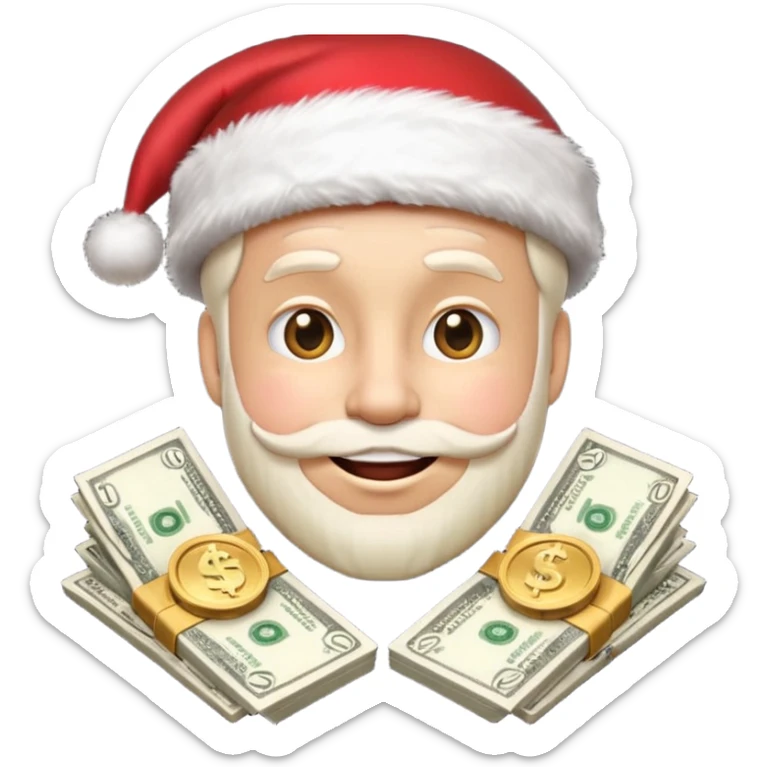 A confident rich emoji face wearing a Santa hat, money stacks, casino vibe, New Year theme, premium 3D emoji style, sharp details, no text, isolated on transparent background sticker