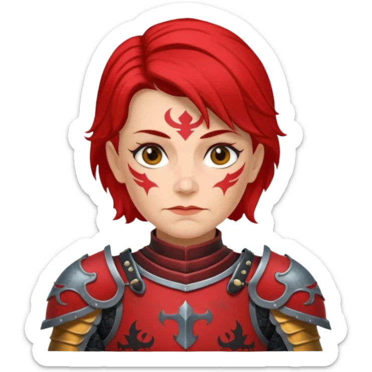 Elderly Tattooed Knights female, with medium hair, red and black armour sticker