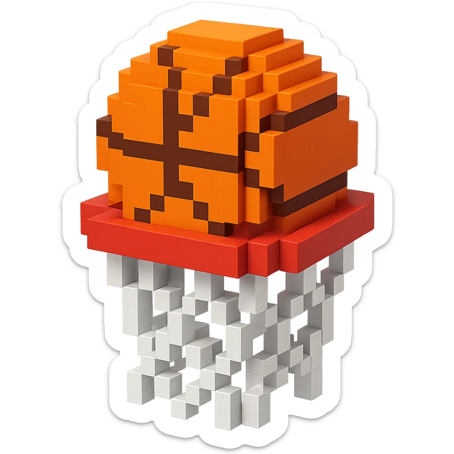 A voxel-style basketball in a net, simple and clear sticker