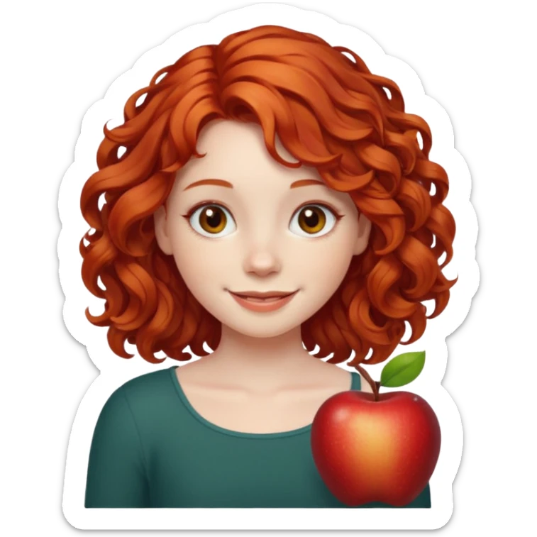 girl with shoulder length curly apple red hair with brown eyes and pale skin smiling sticker