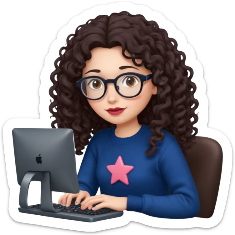 a white young woman with very long curly dark brown/chocolate hair typing in a computer. she's using round glasses, her lips are light red and her cheeks slightly pink. Her eyes are dark brown. She's using a dark blue knit sweater that has a tiny star in the middle   sticker