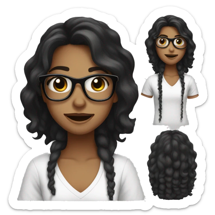 With Girl with long black hair with loose curls and black glasses, smile, black eyes, white tshirt sticker