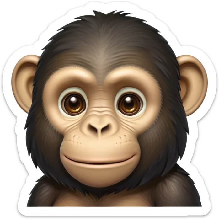 Cinematic Noble Chimpanzee Portrait Emoji, Poised and wise, with a lean, agile build adorned with textured fur and deep, thoughtful eyes, Simplified yet sharp and sophisticated features, highly detailed, glowing with a soft, contemplative glow, high shine, intelligent and vigilant, stylized with an air of primate regality, focused and attentive, soft glowing outline, capturing the essence of a watchful guardian that feels as though it could step out of the screen with effortless authority! sticker