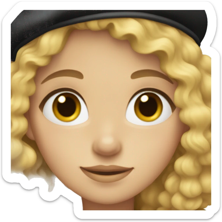 blonde, curly haired girl with grey eyes and freckles, wearing a black beret.  sticker