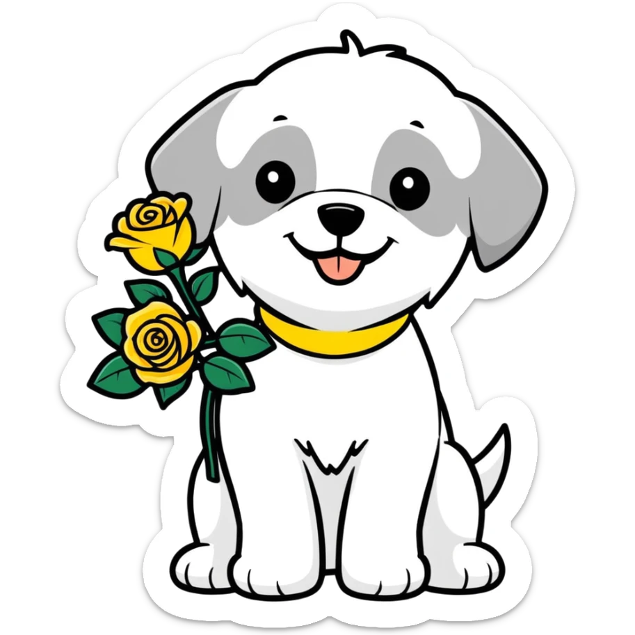 A watercolor drawing of a happy maltese dog carrying a bunch of yellow roses. sticker