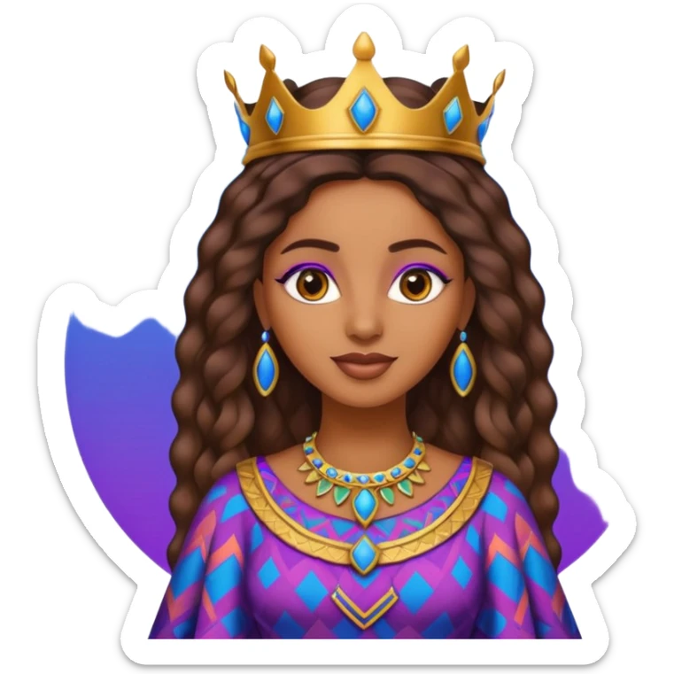 Create me an emoji of a beautiful Ethiopian Queen of Sheba wearing a neon purple and blue gradient African patterns. sticker