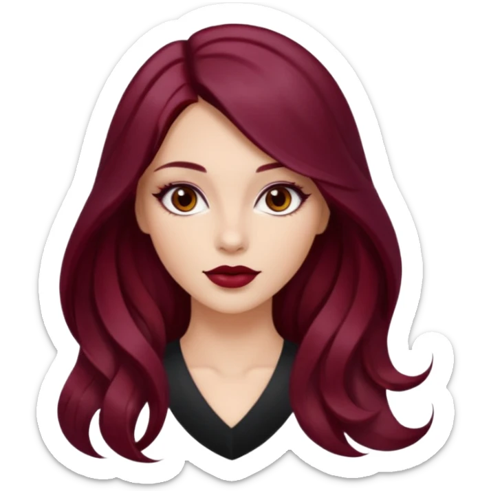 Draw a young glamorous woman with LONG dark burgandy cherry hair in a MIDDLE PART styled slightly wavy sticker