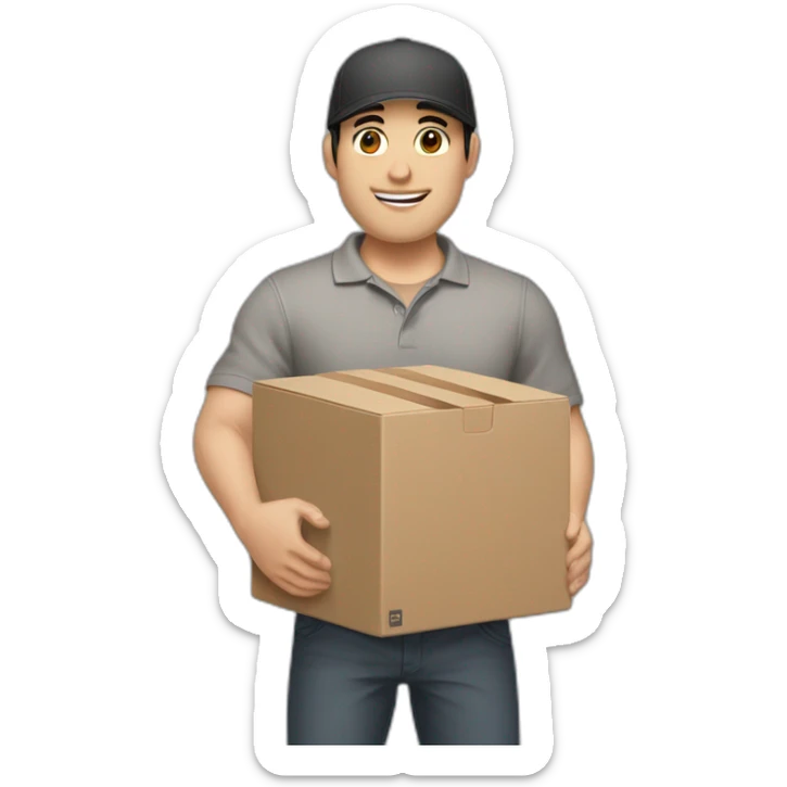 Pale skinned fit Man with black hair in a gray cap and brown polo T-shirt keeping a pasted box into his hands sticker