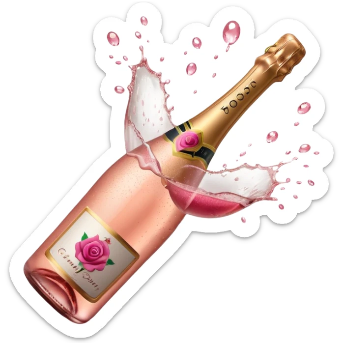 bottle of sparkling rosé champagne with a rose logo on the label, with the cork exploding out from the top, tilted up and to the left, no glass sticker