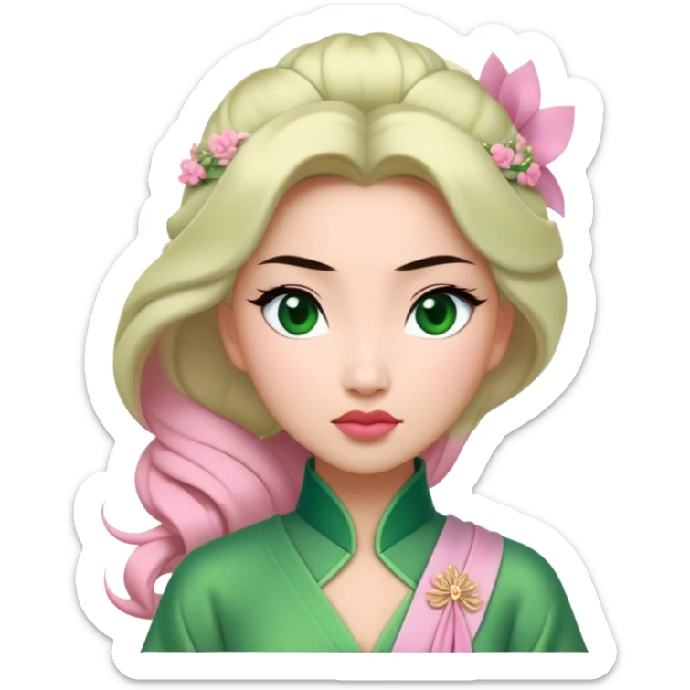 Cinematic Elegant Mulan Portrait Emoji, Dressed in her delicate green matchmaker gown, soft pink makeup, hair pinned perfectly, looking wistful yet radiant, eyes reflecting the depth of her spirit, capturing both her beauty and inner strength! sticker