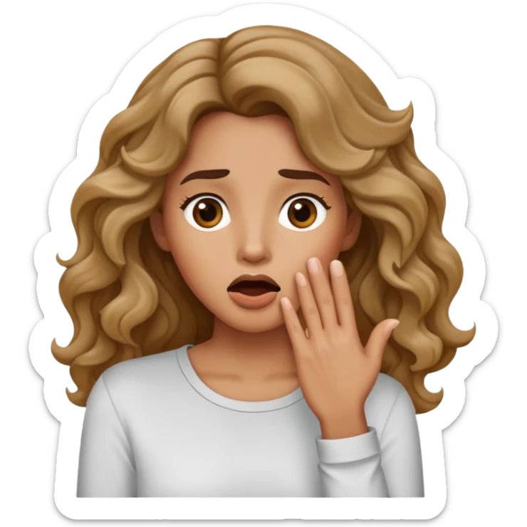 Imagine a woman wearing a long-sleeved shirt with wavy hair and a slightly surprised expression with her hand over her mouth in the iOS emoji style. sticker