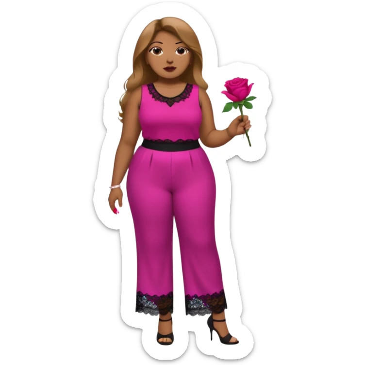 A plus-size Black woman with long, straight, light brown hair is wearing a fuchsia sleeveless shirt and black lace pants. She is standing with fuchsia-painted nails and is holding a rose. sticker