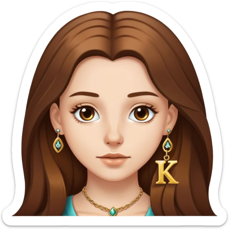 white girl with long brown hair very pretty with gold nose ring and a necklace with the initial K sticker
