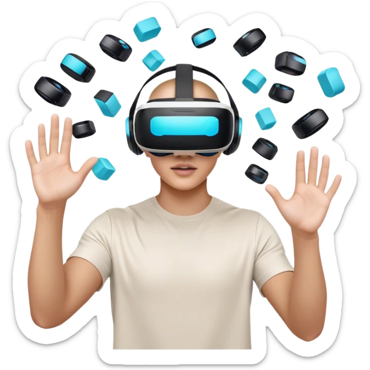 humanless emoji for the creation of VR/AR technology. Show a designer's hands holding a VR headset or AR glasses, with floating 3D models or virtual objects being manipulated in the air. Use modern, tech-inspired colors. Do not include any emojis or smiley faces. Make the background transparent. sticker