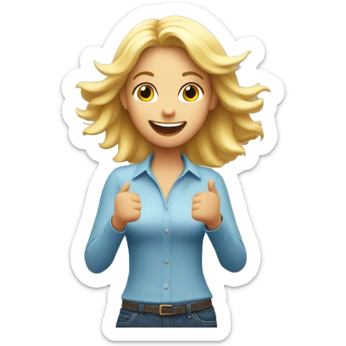 Blonde girl with hands in the air, open palms hand, happy, excited. Above waist only. sticker