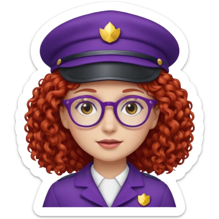 scout girl with red curly hair and uniform and hat and glassess and purle uniform sticker