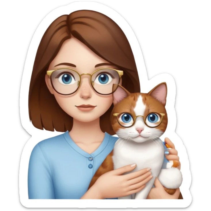 White girl with blue eyes, brown hair, freckles, and gold glasses, holding a small calico cat sticker
