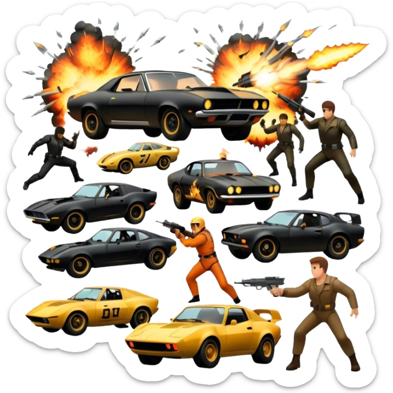 Photorealistic Icon for Action Movies: Dynamic close-up collage of iconic action movie scenes featuring explosions, fast cars, combat, and weapons. Include silhouettes of famous action heroes, dramatic lighting, and a sense of high-octane energy. Transparent background. sticker