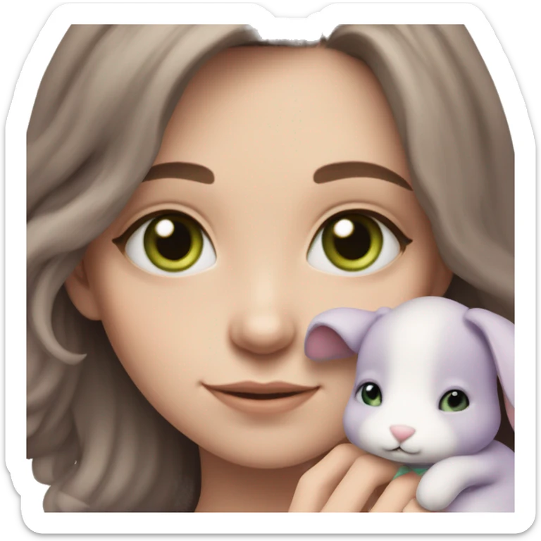 White skinned girl with green eyes and brown hair, cuddling her lilac-grey, floppy bunny teddy sticker