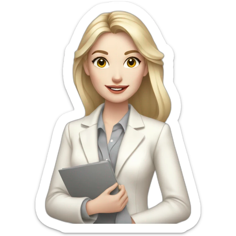 pale skin woman interior designer with cold blonde middle length hair, gray eyes, White classical jacket, blouse, Gray skirt holding a color palette in the hands sticker
