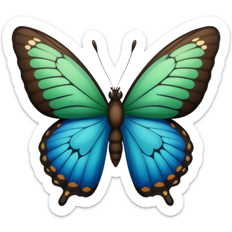 A butterfly with blue edges, green wings, and a black body, Between the wings brown  sticker