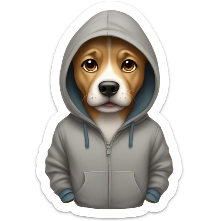 Dog wearing hoodie with hood on and paws in his hoodie pockets sticker