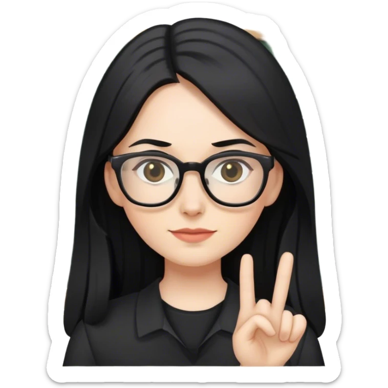 pale female teacher with long black hair, wearing glasses and black shirt teaching sticker