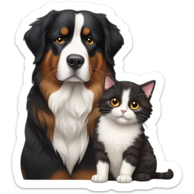 A Bernese dog next to A black and brown tortoiseshell cat with no white fur sticker