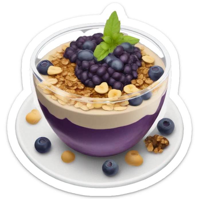 Açaí in a clear cup with layers of fruits and granola and condensed milk sticker