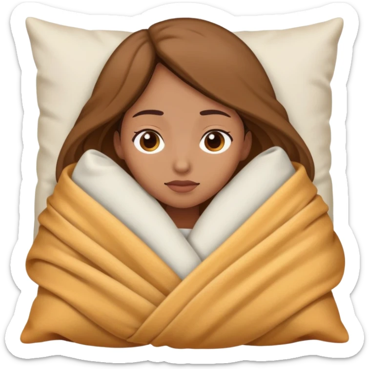 Perempuan berkulit coklat terang, menyelimuti dirinya, sambil menaruh kepala di bantal sticker