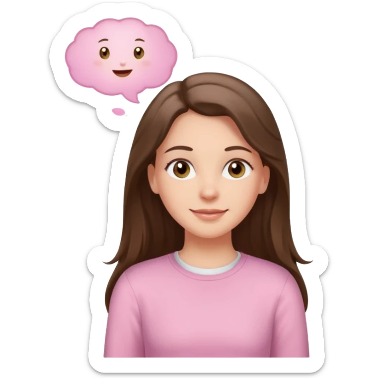 happy white long brunette hair girl with hazel eyes in light pink with a thought bubble sticker