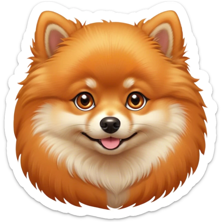 Cinematic Cute Orange Pomeranian Portrait Emoji, Head tilted playfully and inquisitively, featuring a luscious, fluffy orange Fur with a natural sheen, round, sparkling brown eyes filled with curiosity, Simplified yet irresistibly adorable features, highly detailed, glowing with a warm, friendly glow, high shine, affectionate and lively, stylized with a touch of whimsy, bright and endearing, soft glowing outline, capturing the essence of a mischievous yet loving pup, so playful it feels like it could scamper out of the screen and into your arms! sticker