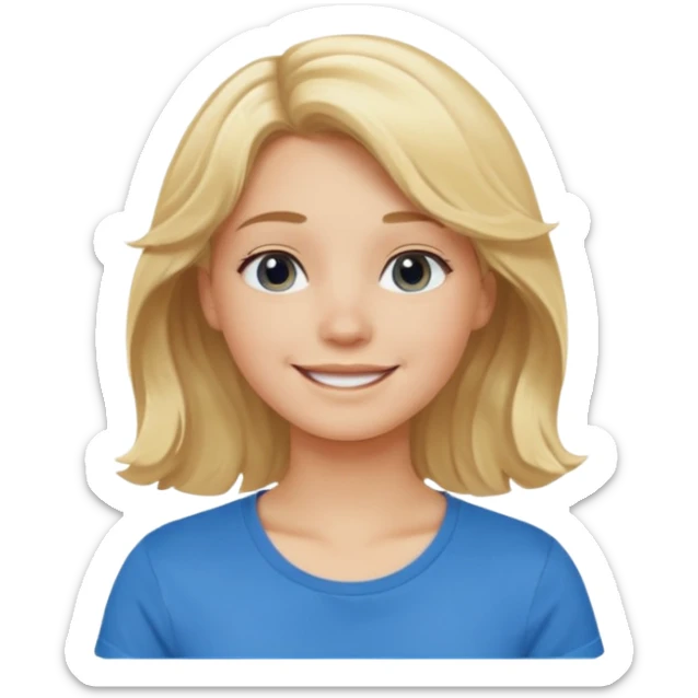 Happy blond girl with light weavy hair with a blue shirt but we can see only her face and neck and the top of the t shirt, no whole body sticker